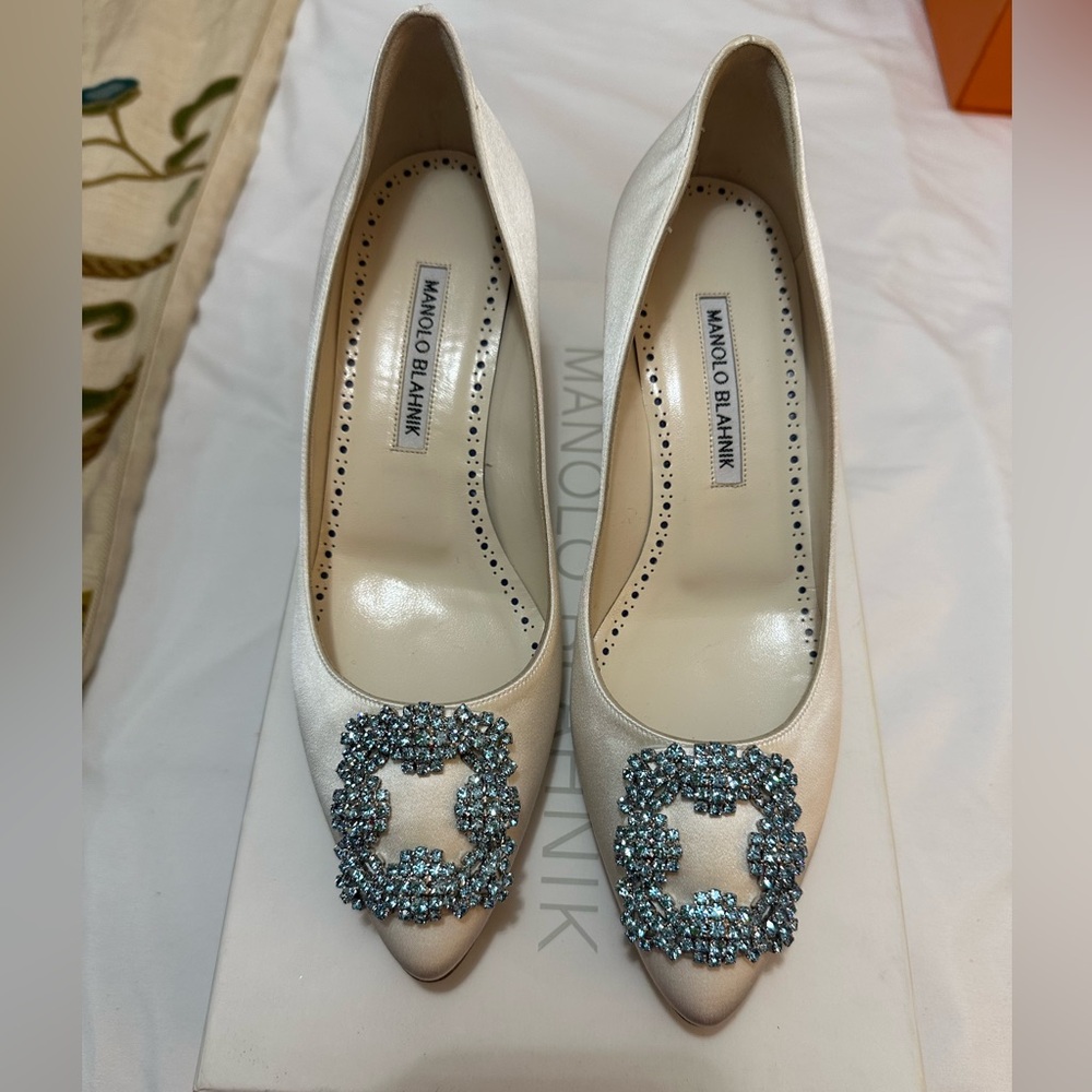 Manolo Blahnik Hangisi White Heels with Crystal Embellishments